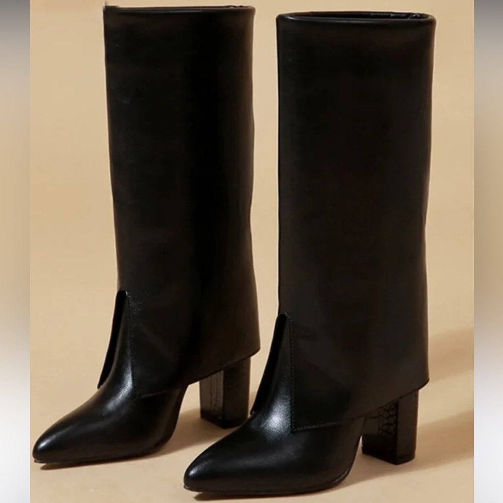 Chunk Heel Black Knee-High Boot Women Size 10 - Picture 6 of 6